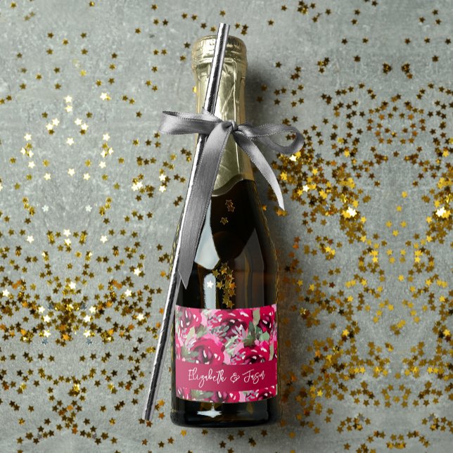 Elegante Wasserfarbe Rosa Blume Hochzeit Mini (Elegant watercolor pink flowers mini sparkling wine labels personalized for your wedding)