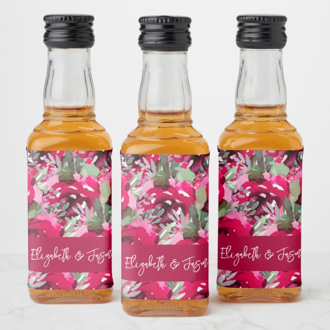 Elegante Wasserfarbe Rosa Blume Hochzeit Mini Alkoholflaschenetikett (Flaschen)