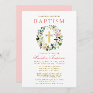 Elegante Wasserfarbe Rosa Blumenreath Gold Taufe Einladung