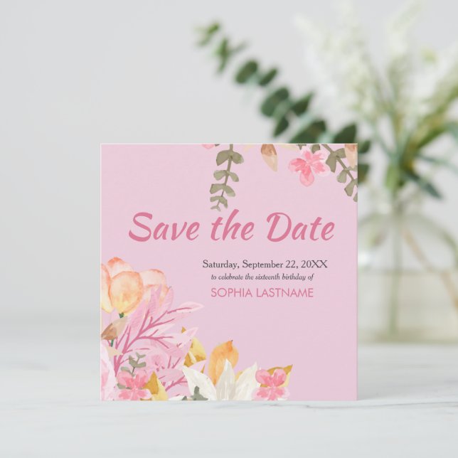 Elegante Wasserfarbe Rosa Blüte Save The Date (Stehend Vorderseite)