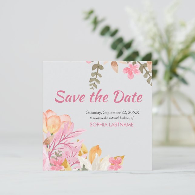 Elegante Wasserfarbe Rosa Blüte Save The Date (Stehend Vorderseite)