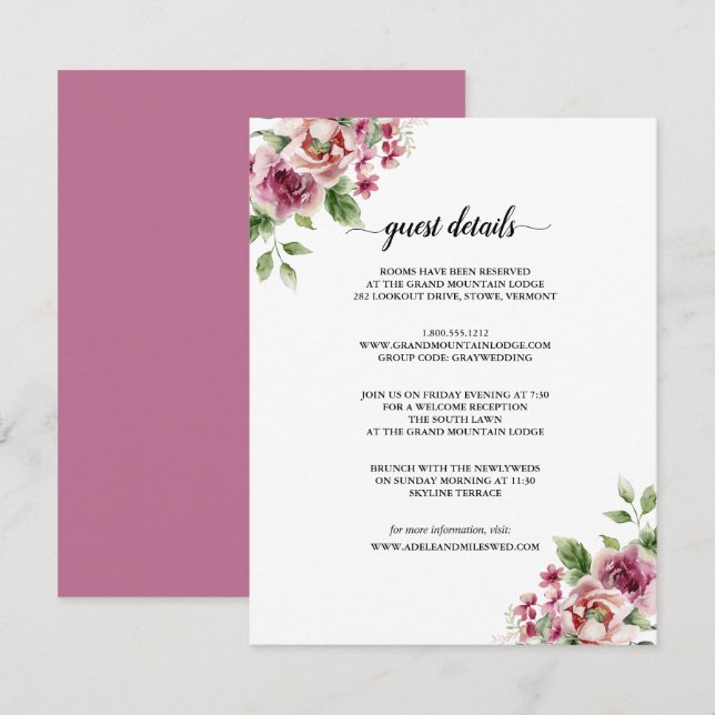 Elegante Wasserfarbe Rosa Bouquet Hochzeit Begleitkarte (Vorne/Hinten)