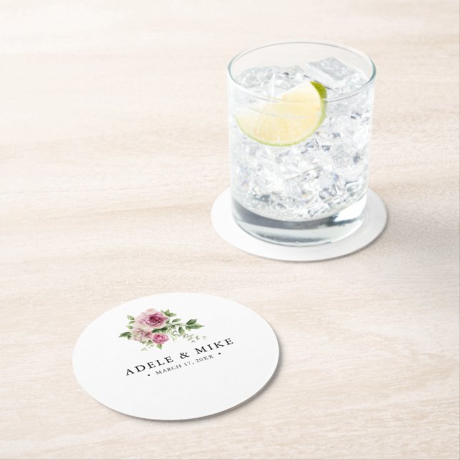 Elegante Wasserfarbe Rosa Bouquet Hochzeit Runder Pappuntersetzer (Vor Ort)