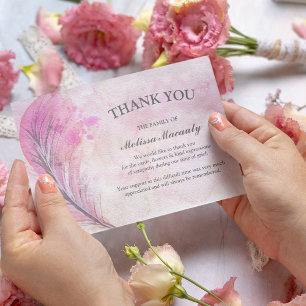 Elegante Wasserfarbe Rosa Feder Trauer Gedenkfeier Dankeskarte