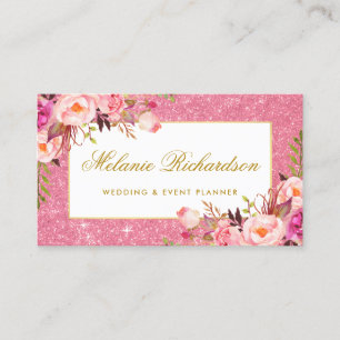 Elegante Wasserfarbe Rosa Floral Glitter Visitenkarte