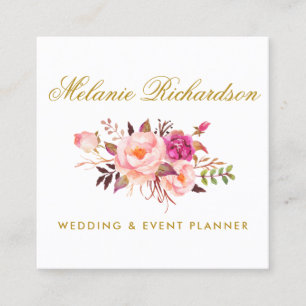 Elegante Wasserfarbe Rosa Floral und Gold Quadratische Visitenkarte