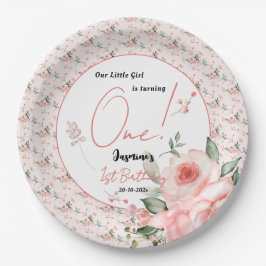 Elegante Wasserfarbe Rosa Girl 1. Geburtstag Pappteller
