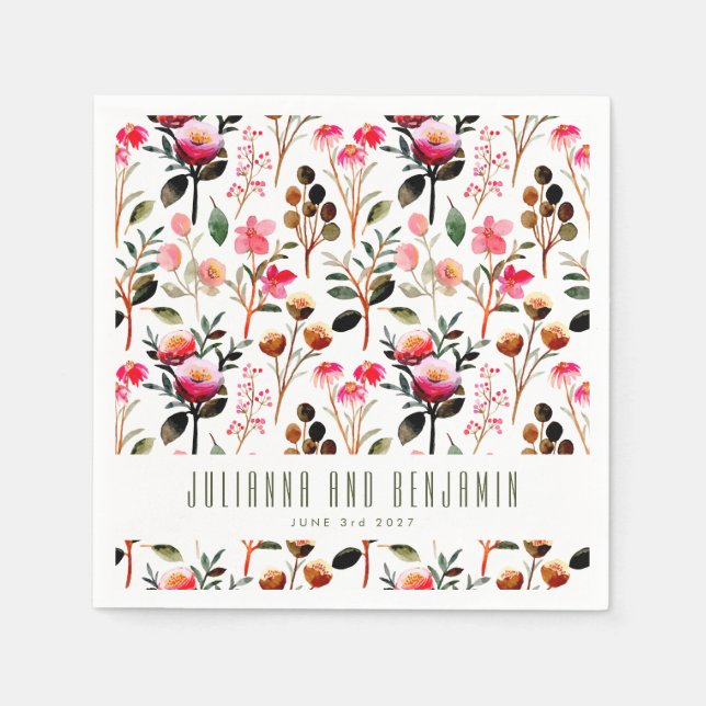 Elegante Wasserfarbe Rosa Grüne Gewohnte Hochzeit Serviette (Vorderseite)