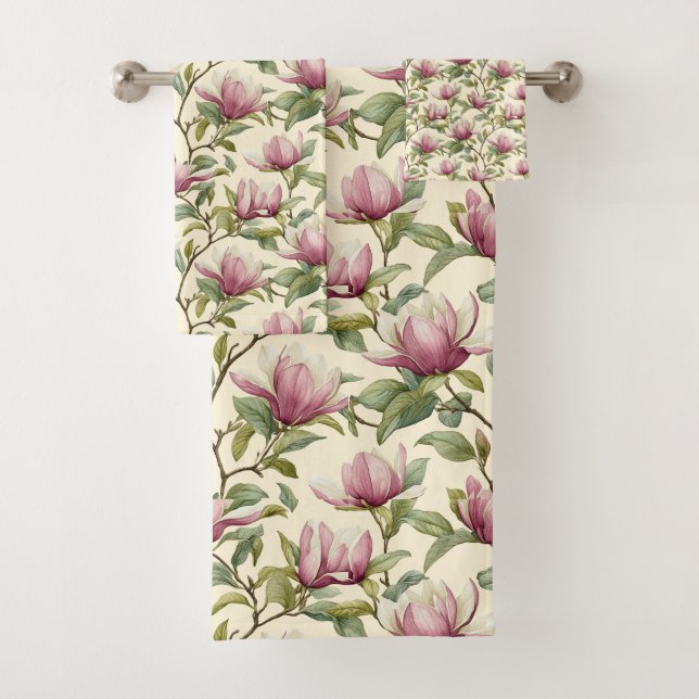 Elegante Wasserfarbe Rosa Magnolia Blume Badhandtuch Set (Insitu)