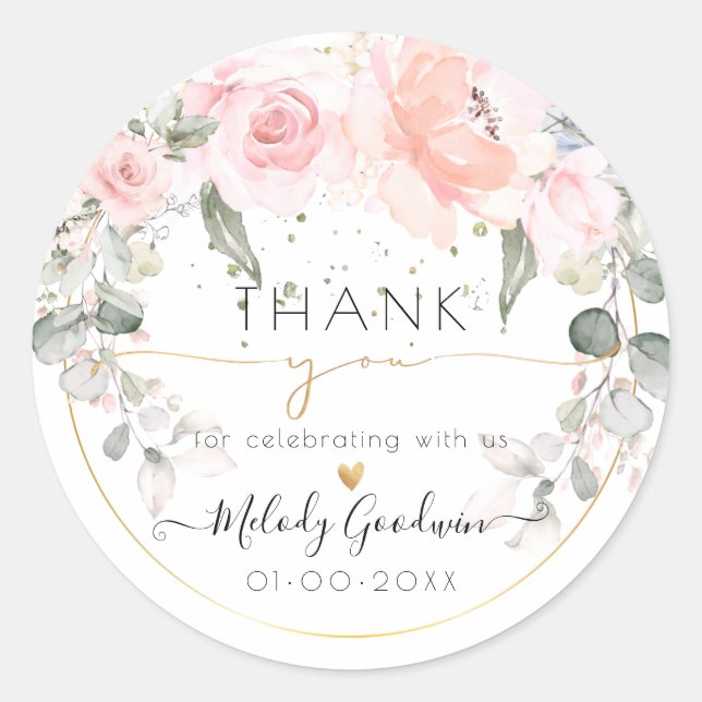 Elegante Wasserfarbe Rosa Rosen Vielen Dank Runder Aufkleber (Vorderseite)