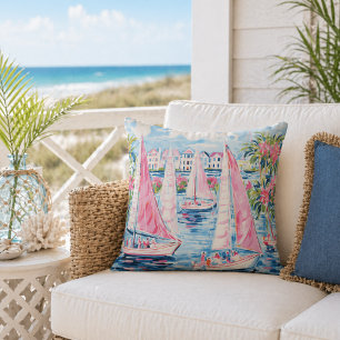 Elegante Wasserfarbe Rosa Sailboote Tropische Küst Kissen