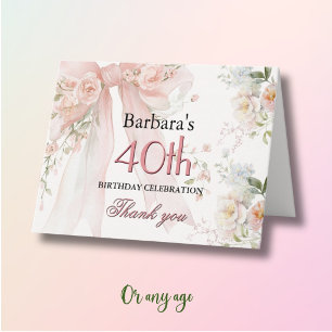Elegante Wasserfarbe Rosa Schleife Floral 40. Gebu Dankeskarte