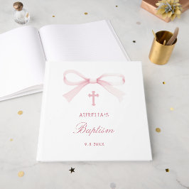 Elegante Wasserfarbe Rosa Schleife Taufe Gästebuch