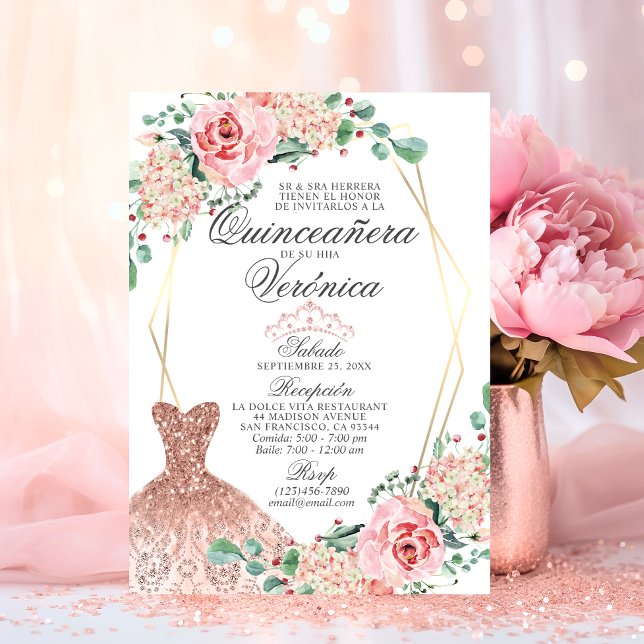 Elegante Wasserfarbe Rosa Spanische Quinceñera Qui Einladung (Elegant Watercolor Pink Spanish Quinceañera Quince Invitation)