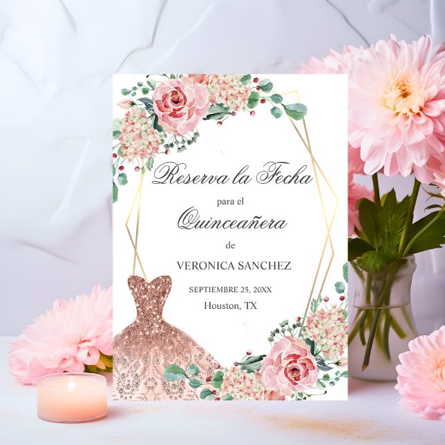 Elegante Wasserfarbe Rosa Spanische Quinceñera Qui Save The Date (Elegant Watercolor Pink Spanish Quinceañera Quince Save The Date)