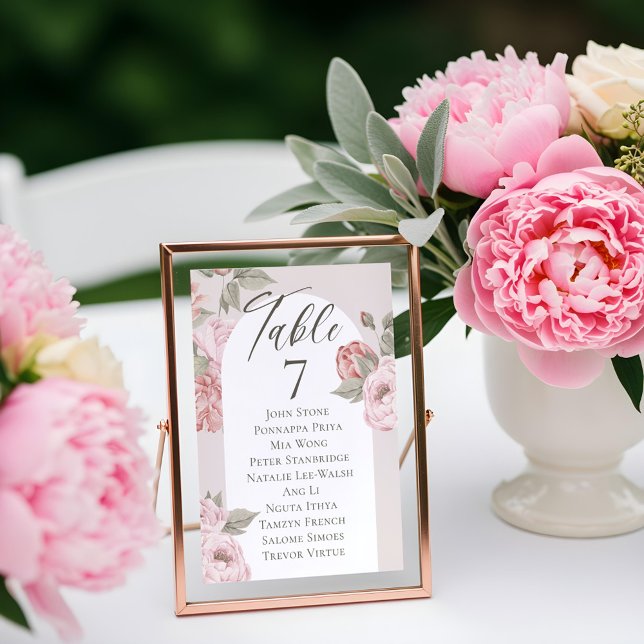 Elegante Wasserfarbe Rosa Zinnspitzen im blühenden Tischnummer (Elegant Watercolor Pink Peonies in Bloom Floral Table Number)