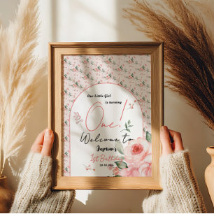 Elegante Wasserfarbe-Rosen-Girl 1. Geburtstags-Wil Poster