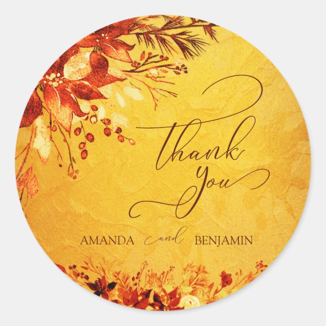 Elegante Wasserfarbe Rot und Gold Poinsettia Hochz Runder Aufkleber (Vorderseite)