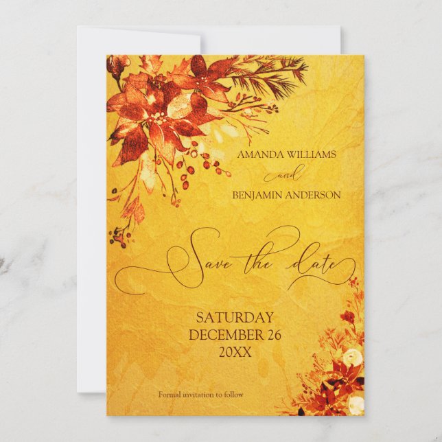 Elegante Wasserfarbe Rot und Gold Poinsettia Hochz Save The Date (Vorderseite)