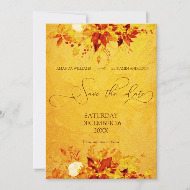 Elegante Wasserfarbe Rot und Gold Poinsettia Hochz Save The Date (Vorderseite)