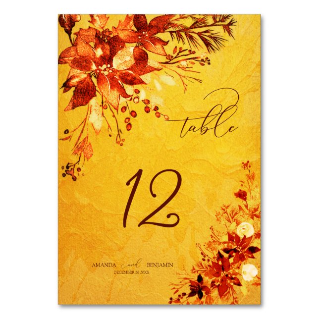 Elegante Wasserfarbe Rot und Gold Poinsettia Hochz Tischnummer (Vorderseite)