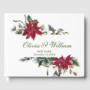 Elegante Wasserfarbe Rote Poinsettia Pine Fir Wedd Gästebuch