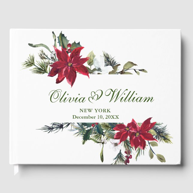 Elegante Wasserfarbe Rote Poinsettia Pine Fir Wedd Gästebuch (Vorderseite)