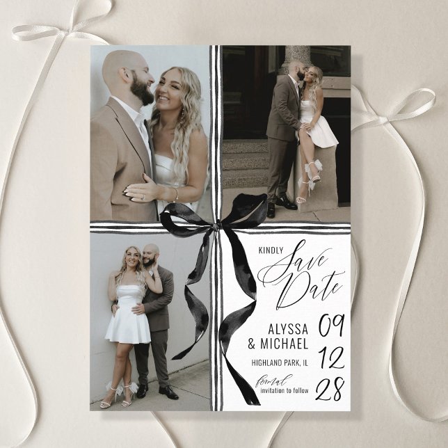 Elegante Wasserfarbe Schwarzer Bogen 3 Mehrfach-Fo Save The Date (Watercolor coquette bow black and white modern 3 multi-photo elegant classic wedding save the date )