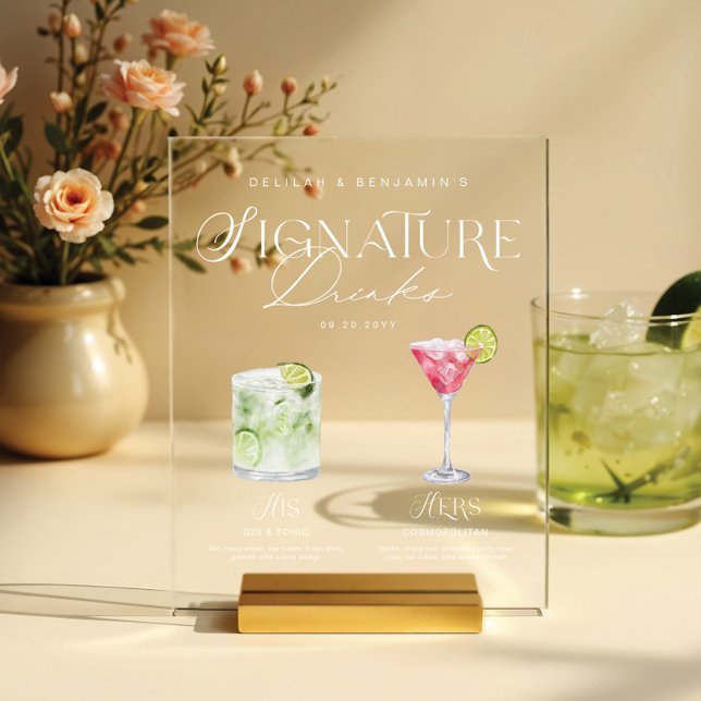 Elegante Wasserfarbe Seine Signature Drink Hochzei Acrylschild (Elegant Watercolor His Her Signature Drink Wedding Acrylic Sign)