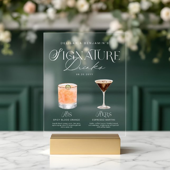 Elegante Wasserfarbe Seine Signature Drink Hochzei Acrylschild (Elegant Watercolor His Her Signature Drink Wedding Acrylic Sign)