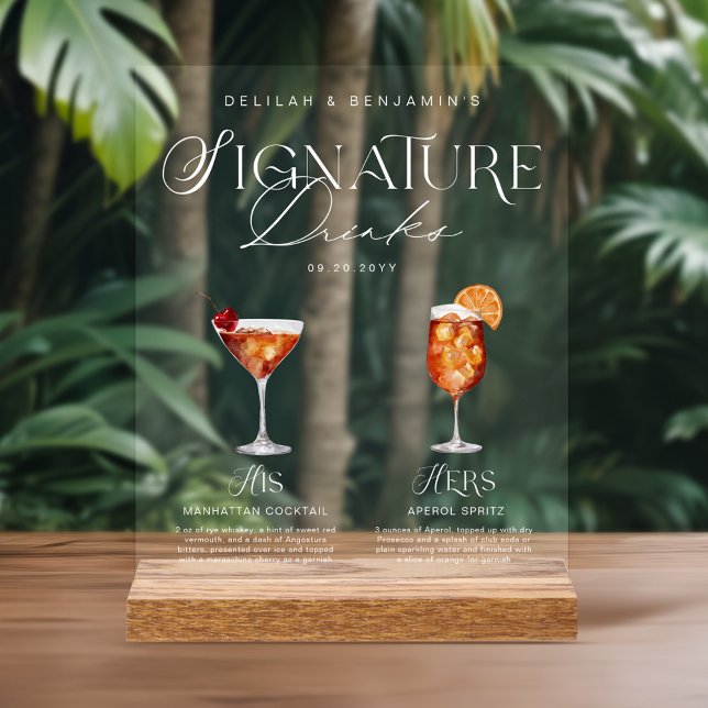 Elegante Wasserfarbe Seine Signature Drink Hochzei Acrylschild (Elegant Watercolor His Her Signature Drink Wedding Acrylic Sign)
