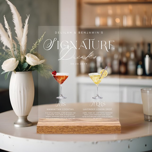 Elegante Wasserfarbe Seine Signature Drink Hochzei Acrylschild (Elegant Watercolor His Her Signature Drink Wedding Acrylic Sign)