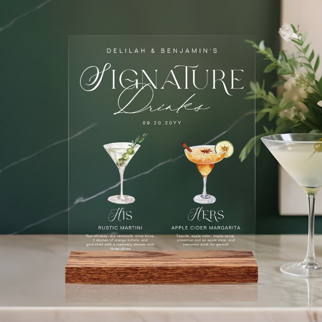 Elegante Wasserfarbe Seine Signature Drink Hochzei Acrylschild (Elegant Watercolor His Her Signature Drink Wedding Acrylic Sign)