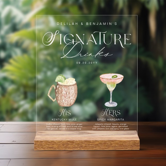 Elegante Wasserfarbe Seine Signature Drink Hochzei Acrylschild (Elegant Watercolor His Her Signature Drink Wedding Acrylic Sign)