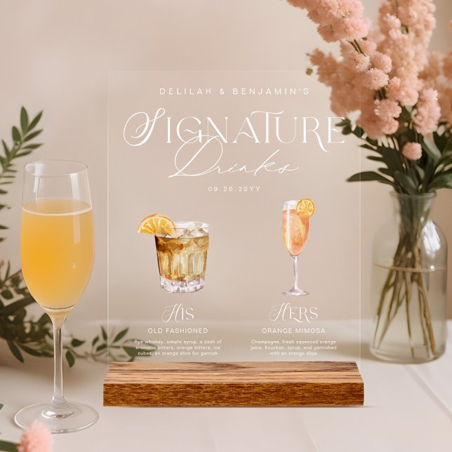 Elegante Wasserfarbe Seine Signature Drink Hochzei Acrylschild (Elegant Watercolor His Her Signature Drink Wedding Acrylic Sign)