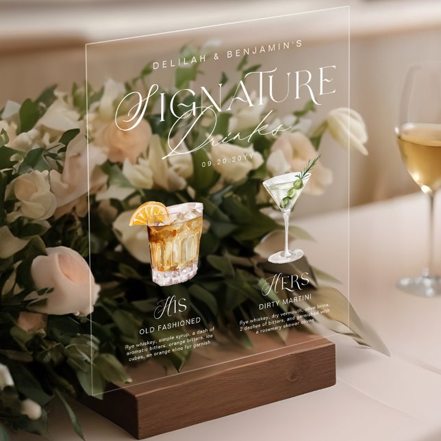 Elegante Wasserfarbe Seine Signature Drink Hochzei Acrylschild (Elegant Watercolor His Her Signature Drink Wedding Acrylic Sign)