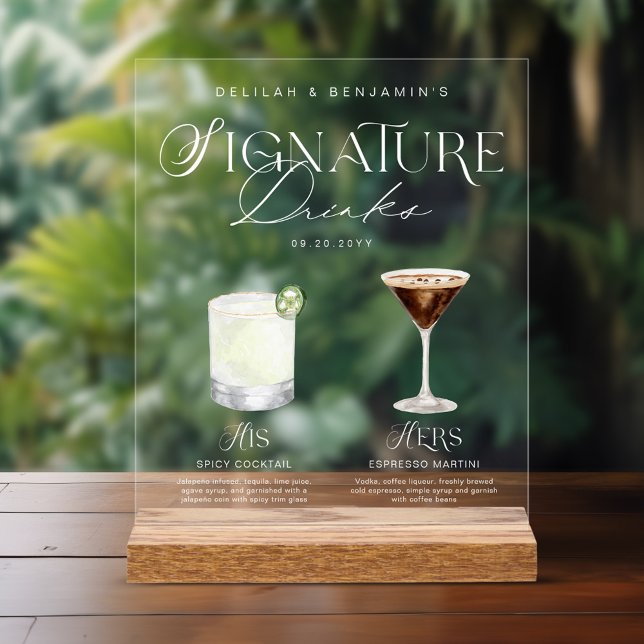 Elegante Wasserfarbe Seine Signature Drink Hochzei Acrylschild (Elegant Watercolor His Her Signature Drink Wedding Acrylic Sign)