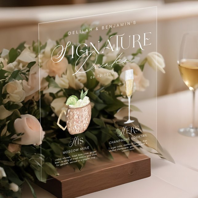 Elegante Wasserfarbe Seine Signature Drink Hochzei Acrylschild (Elegant Watercolor His Her Signature Drink Wedding Acrylic Sign)