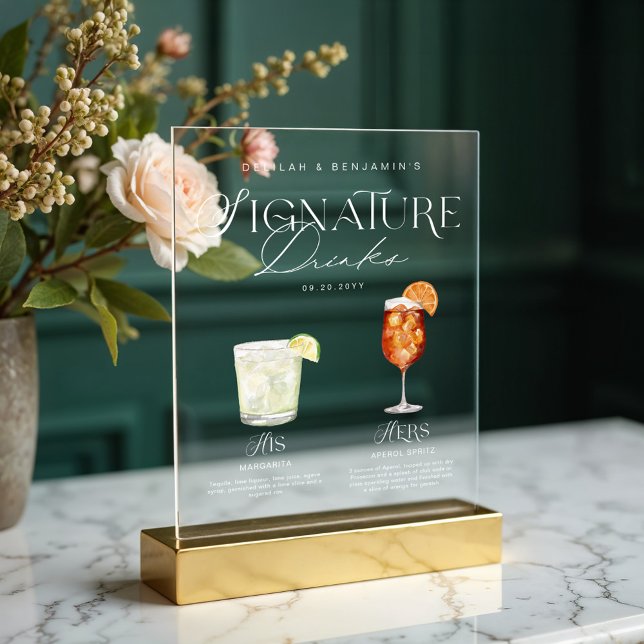 Elegante Wasserfarbe Seine Signature Drink Hochzei Acrylschild (Elegant Watercolor His Her Signature Drink Wedding Acrylic Sign)