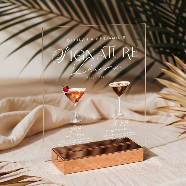 Elegante Wasserfarbe Seine Signature Drink Hochzei Acrylschild (Elegant Watercolor His Her Signature Drink Wedding Acrylic Sign)