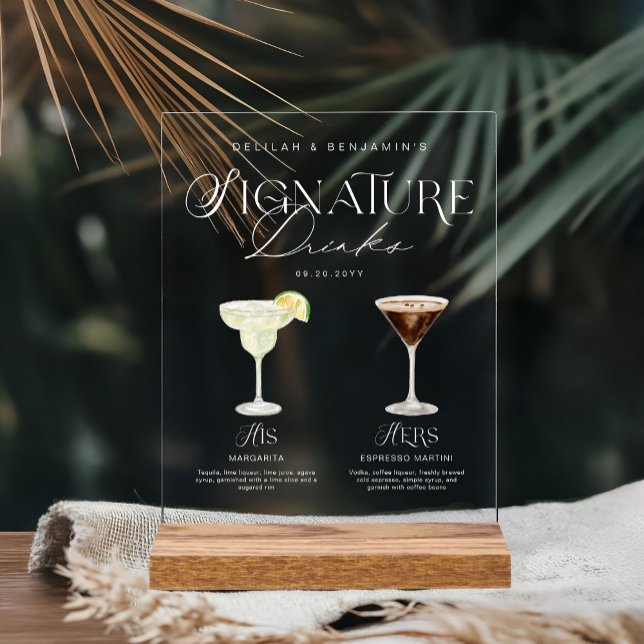 Elegante Wasserfarbe Seine Signature Drink Hochzei Acrylschild (Elegant Watercolor His Her Signature Drink Wedding Acrylic Sign)