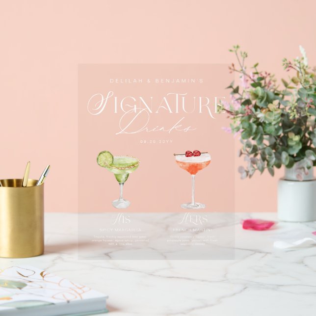 Elegante Wasserfarbe Seine Signature Drink Hochzei Acrylschild (Hochzeit)