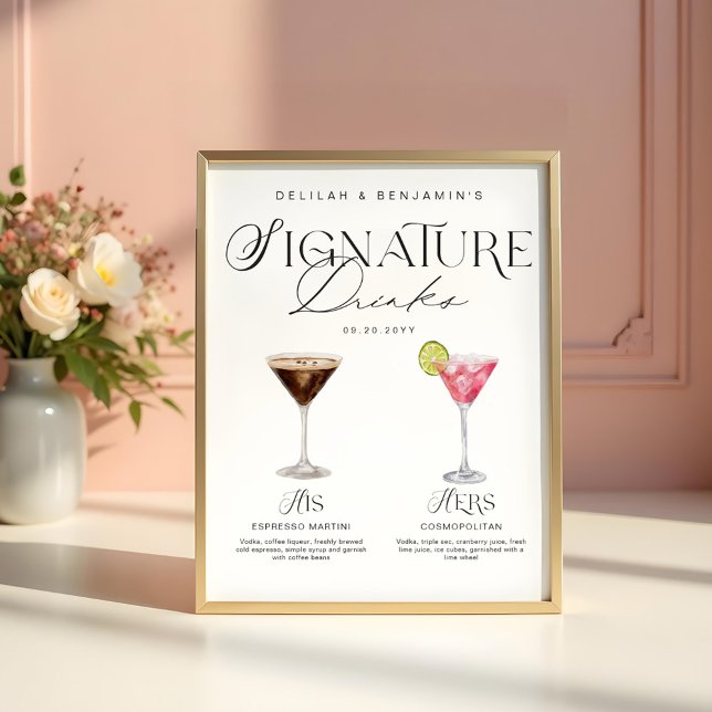 Elegante Wasserfarbe Seine Signature Drink Hochzei Poster (Elegant Watercolor His Her Signature Drink Wedding Poster)
