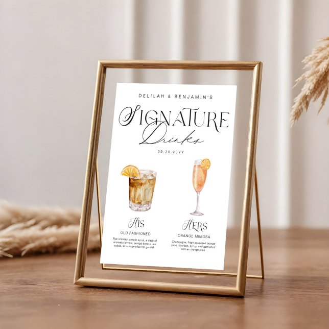 Elegante Wasserfarbe Seine Signature Drink Hochzei Poster (Elegant Watercolor His Her Signature Drink Wedding Poster)