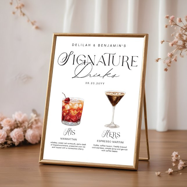Elegante Wasserfarbe Seine Signature Drink Hochzei Poster (Elegant Watercolor His Her Signature Drink Wedding Poster)