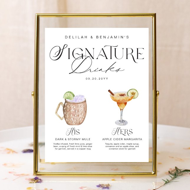Elegante Wasserfarbe Seine Signature Drink Hochzei Poster (Elegant Watercolor His Her Signature Drink Wedding Poster)