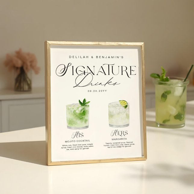 Elegante Wasserfarbe Seine Signature Drink Hochzei Poster (Elegant Watercolor His Her Signature Drink Wedding Poster)