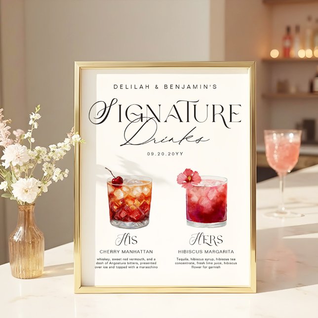 Elegante Wasserfarbe Seine Signature Drink Hochzei Poster (Elegant Watercolor His Her Signature Drink Wedding Poster)