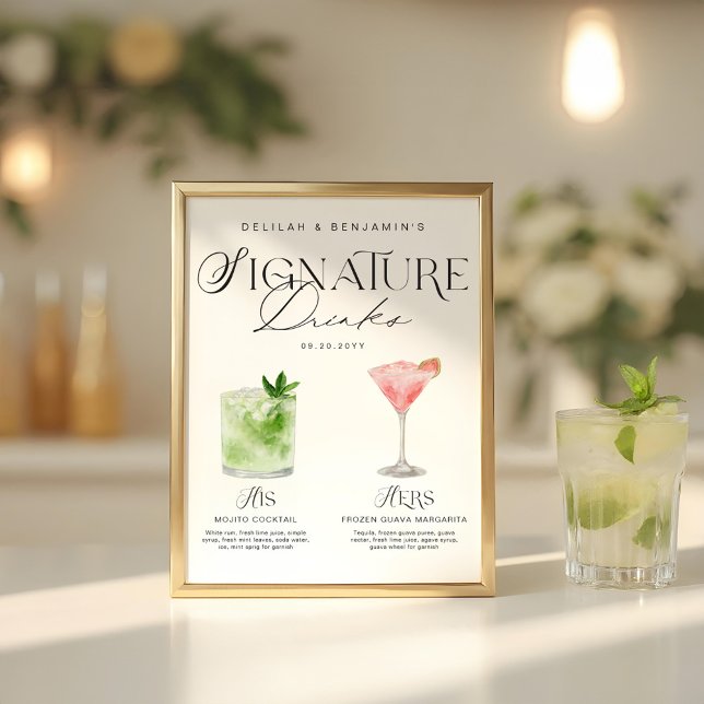 Elegante Wasserfarbe Seine Signature Drink Hochzei Poster (Elegant Watercolor His Her Signature Drink Wedding Poster)
