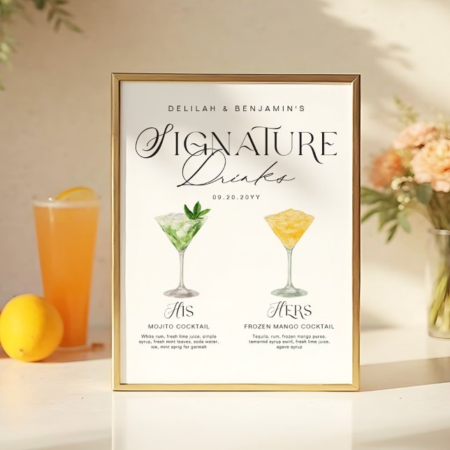 Elegante Wasserfarbe Seine Signature Drink Hochzei Poster (Elegant Watercolor His Her Signature Drink Wedding Poster)